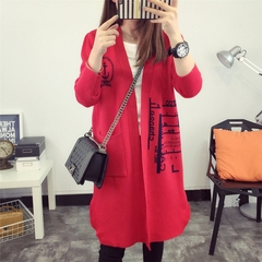秋装新款2016女装韩版中长款宽松针织衫毛衣外套字母口袋开衫毛衣