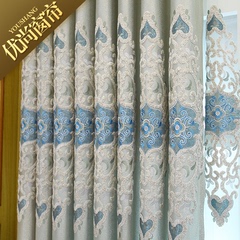 现代简约欧式窗帘高档大气豪华客厅卧室提花遮光成品绣花布料蓝色
