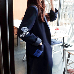 2016秋季新款韩版中长款修身时尚风衣女贴布刺绣宽松长袖西装外套