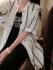 小Q 韩版夏装新款 复古立领气质竖条纹中长款雪纺衬衣衬衫女