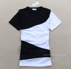 2015夏潮流男女 韩版黑白色纯棉宽松休闲拼接撞色圆领短袖T恤包邮