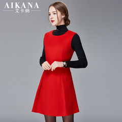 艾卡纳2016冬装新款修身显瘦纯色羊毛连衣裙圆领无袖韩版毛呢女装