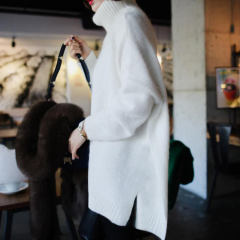 女装冬装2016新款潮时尚百搭长袖高领打底衫女中长款套头开叉毛衣