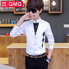 男士衬衫长袖休闲青少年白色衬衣修身韩版秋季衣服青少年男装衫衣