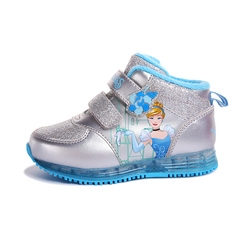 迪士尼公主童鞋秋冬款女童儿童旅游鞋保暖高帮休闲鞋小童亮灯鞋