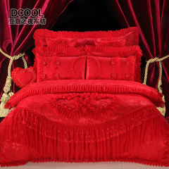 大红婚庆蕾丝四件套纯棉粉色韩式公主风床盖床品红色结婚床上用品