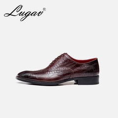 LUGAV新款商务正装尖头牛皮男鞋纹理系带平跟耐磨男士皮鞋定制鞋