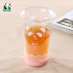 熊猫屋 熊猫脸双层隔热防烫玻璃杯加厚带盖情侣配对节日礼物