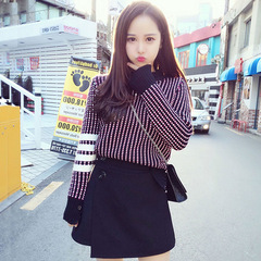 冬季新款韩版小清新条纹毛衣女中学生潮套头半高领长袖针织打底衫