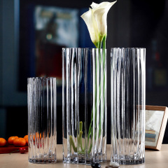 包邮创意透明水晶玻璃花瓶百合富贵竹转运竹仿真花方口圆口竖条缸
