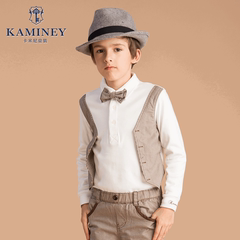 卡米尼童装2016秋装新款男童长袖T恤中大儿童假两件纯棉polo上衣