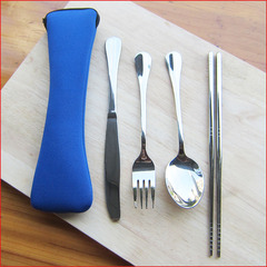 韩式创意不锈钢便携餐具学生可爱筷子勺子叉子牛排刀套装旅行袋子
