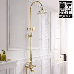 爱克华莱 金色仿古淋浴杆套装全铜 欧式古典复古 冷热龙头 大淋浴