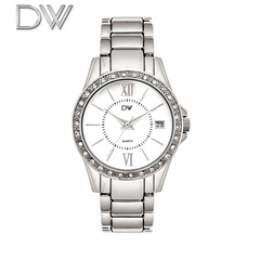 dw正品大盘水钻 日历手表 复古圆形手表女 简洁大气钢带 白色女表