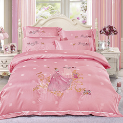 全棉刺绣卡通四件套贡缎提花婚庆床上用品粉色被套床单1.8m 2.0床