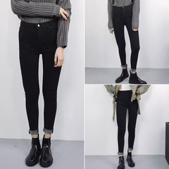 2016冬季新款修身显瘦高腰做旧牛仔裤韩版黑色小脚铅笔长裤女学生