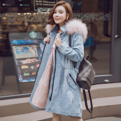 2016新款冬季韩版宽松羊羔绒大毛领牛仔棉服女中长款加厚棉衣外套