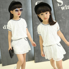 2016童装女童夏装套装韩版新款儿童蕾丝套裙中大童短袖裙子两件套