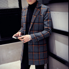 秋冬款男士格子大衣青年韩版修身中长款风衣长款加厚毛呢子外套潮