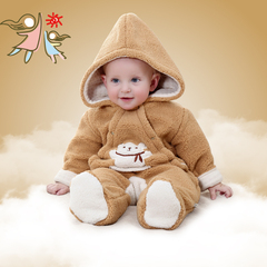 史维迪天然彩棉宝宝爬服新生儿羊羔绒带帽连体爬服婴儿连体衣加厚