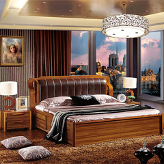 现代中式套房1.8M双人大床 实木储物高箱床真皮软靠收纳柚木床