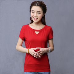 新款红色纯棉短袖t恤女夏半袖修身圆领针织纯色体恤女装上衣显瘦
