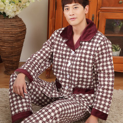 秋冬季纯棉男士睡衣三层薄夹棉优质全棉秋季加厚版长袖家居服套装