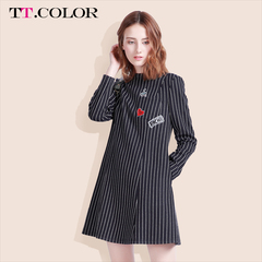 TTCOLOR2016冬季新款针织连衣裙中长款 a型长袖显瘦条纹韩国加厚