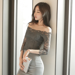 蕾丝打底衫2016秋冬韩版女装修身显瘦性感一字领露肩短款蕾丝上衣
