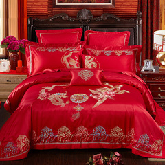 一世缘大红婚庆四件套纯棉1.8m床上用品被套结婚刺绣新婚多件套