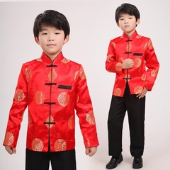 新年民族服装儿童古装男童唐装红色大童上衣表演服装红色宝宝喜服
