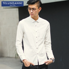 特伦丹尼男士长袖衬衫 2016秋季青年纯色衬衣白色修身纯棉寸衫潮
