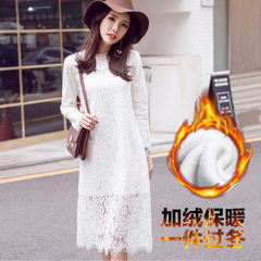 2016冬季新款韩版蕾丝连衣裙长袖长款加绒加厚打底裙女修身保暖