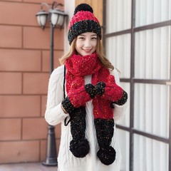 冬季保暖女款韩版 潮冬天毛线帽子围巾手套三件套装少女生日礼物