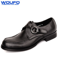 WOUFO商务首选英伦全牛皮方头魔术贴皮鞋男士真皮办公正装皮鞋