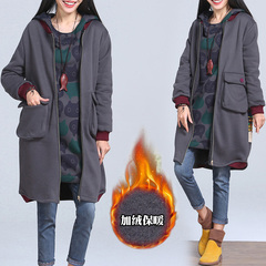 2016新款秋冬季大码拉链宽松开衫女装韩版中长款加绒加厚卫衣外套