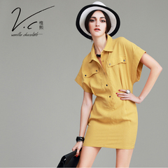 V.C2016夏季欧美修身连衣裙女装新款收腰裙子显瘦翻领短袖A字裙