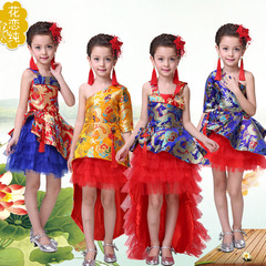 新款儿童演出服女童中国风拖尾裙合唱服幼儿园走秀服礼服表演服装