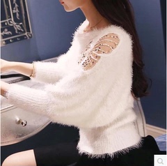 2016秋冬女装韩版新款白色马海毛短款毛衣针织衫女套头宽松打底衫