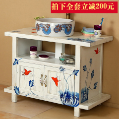 古古拉风复古做旧彩绘实木浴室柜组合 地中海蓝白洗手台洗脸盆柜