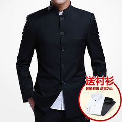 2016新款青年修身中山装套装中国风中华立领西装唐装中式婚礼黑色