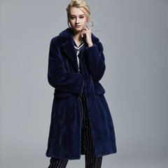 2016冬季女装新款整貂皮大衣中长款宝蓝色裘皮西装领水貂皮草外套