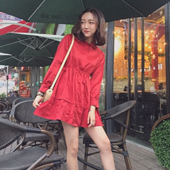 2017春季女装新款韩版显瘦松紧腰气质长袖衬衣裙连衣裙女打底裙