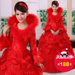 冬季婚纱2016新款韩式长袖毛领加厚大码显瘦红色新娘冬装结婚礼服