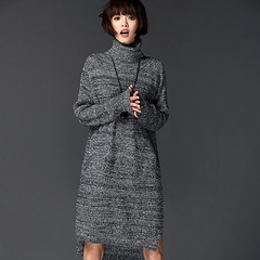 女秋冬季套头针织羊毛衫韩版宽松大码高领女士中长款打底毛衣裙厚