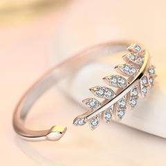 英伦时尚纯银饰品女满钻树叶开口小清新甜美叶子尾戒指指环包邮