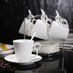 英式陶瓷咖啡杯套装纯白创意6件套简约咖啡杯碟勺带架子