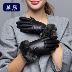 圣朗 进口绵羊皮手套女冬季韩版 加厚保暖獭兔毛真皮手套 ST6012