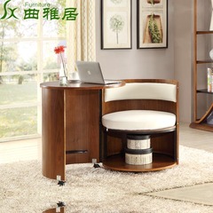 曲雅居 电脑桌现代美式胡桃木旋转单人圆桶桌可移动书房卧室书桌