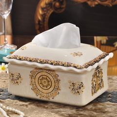 欧式复古裂纹陶瓷纸巾盒摆件创意法式客厅抽纸盒美式茶几家居饰品